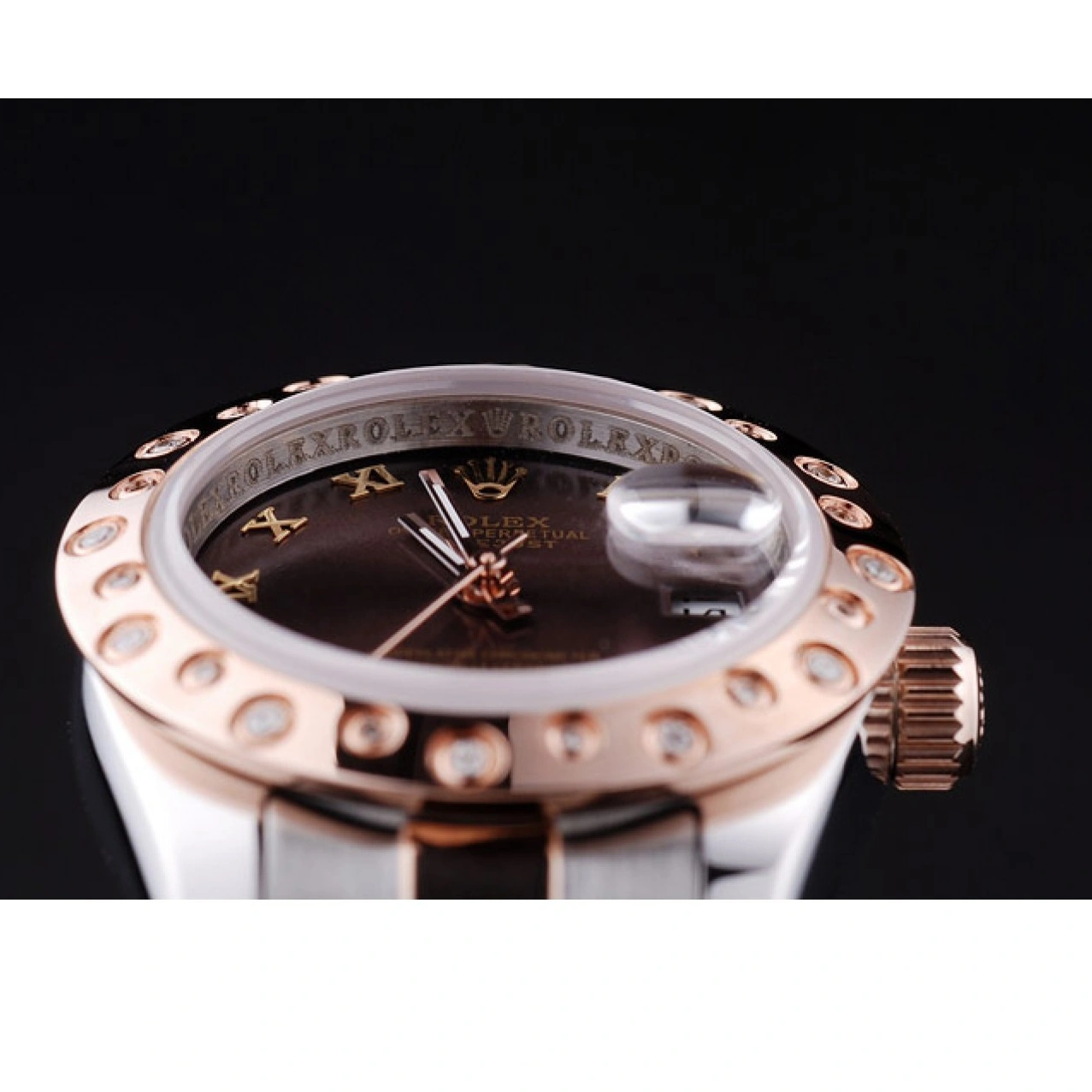 Aaa replica watch Datejust Polished 7475 Rose Diamonds Bezel Gold Dial Brown Rolex 1026